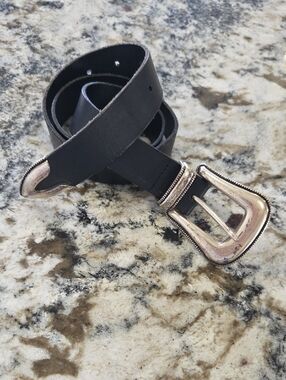 Main Character Black Leather Belt with Silver-Tone Western Buckle